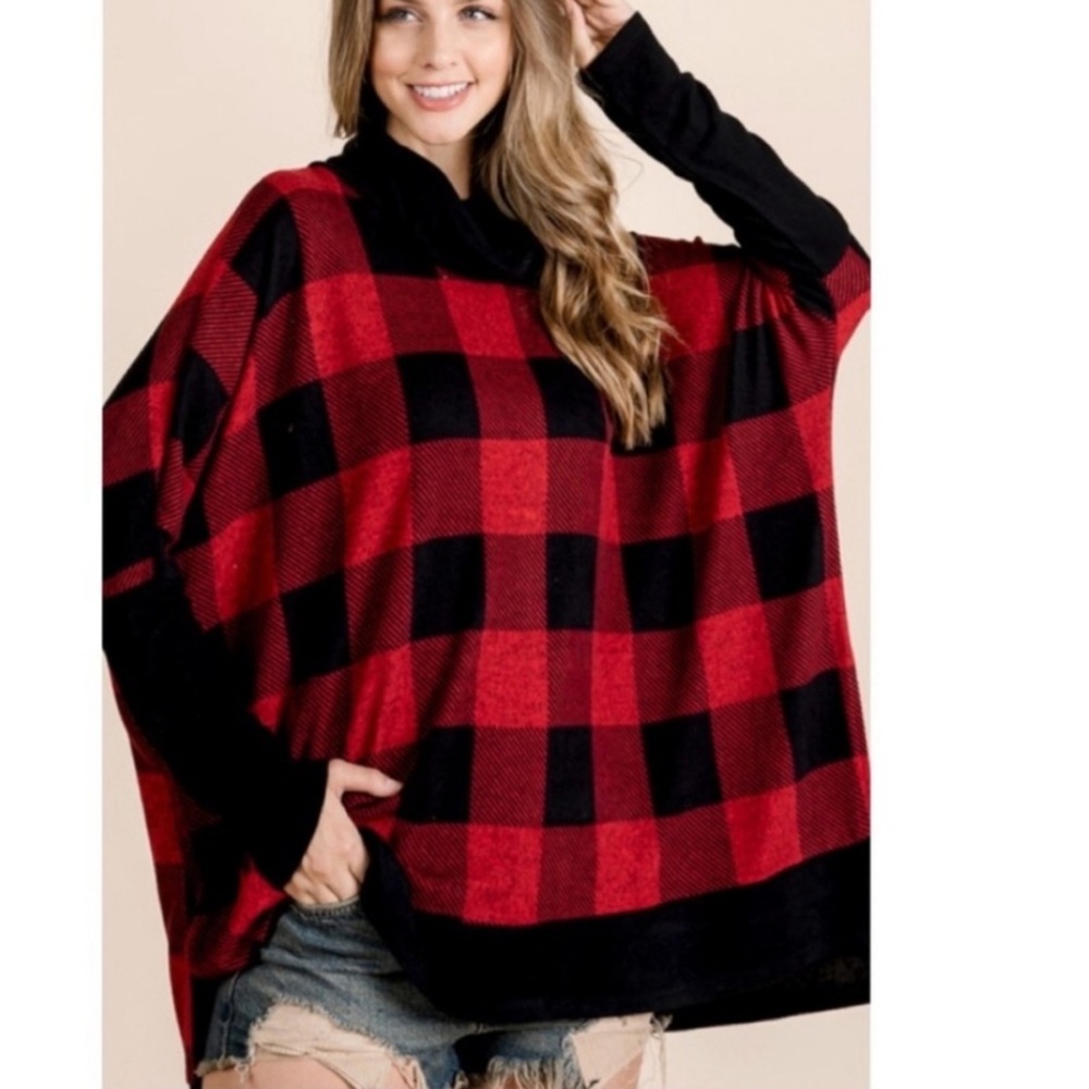 NWT Trendy Groovy Glam Buffalo Plaid OVERSIZED Comfy Boho Tunic Poncho Black Red - Picture 2 of 3